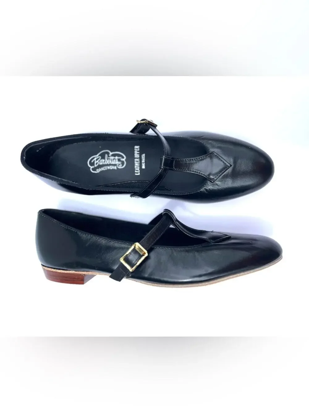 Vintage Black Leather Mary Jane Flats with Gold Buckle Size 8 Barbette's Dance
